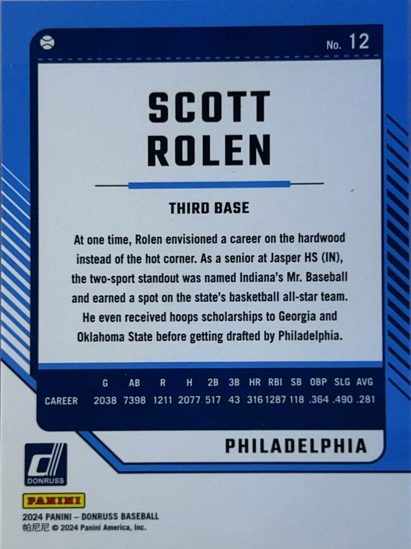 2024 Panini Donruss Baseball Scott Rolen #12 Carolina Blue Laser /249