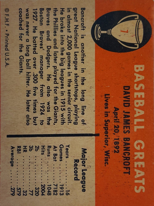1961 Fleer Baseball Greats Dave Bancroft #7