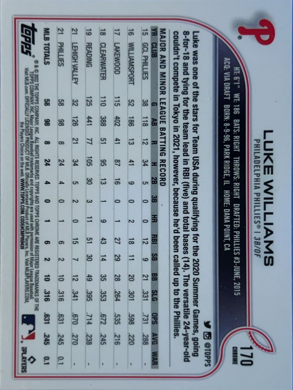 2022 Topps Chrome Luke Williams #170 Sepia RayWave RC