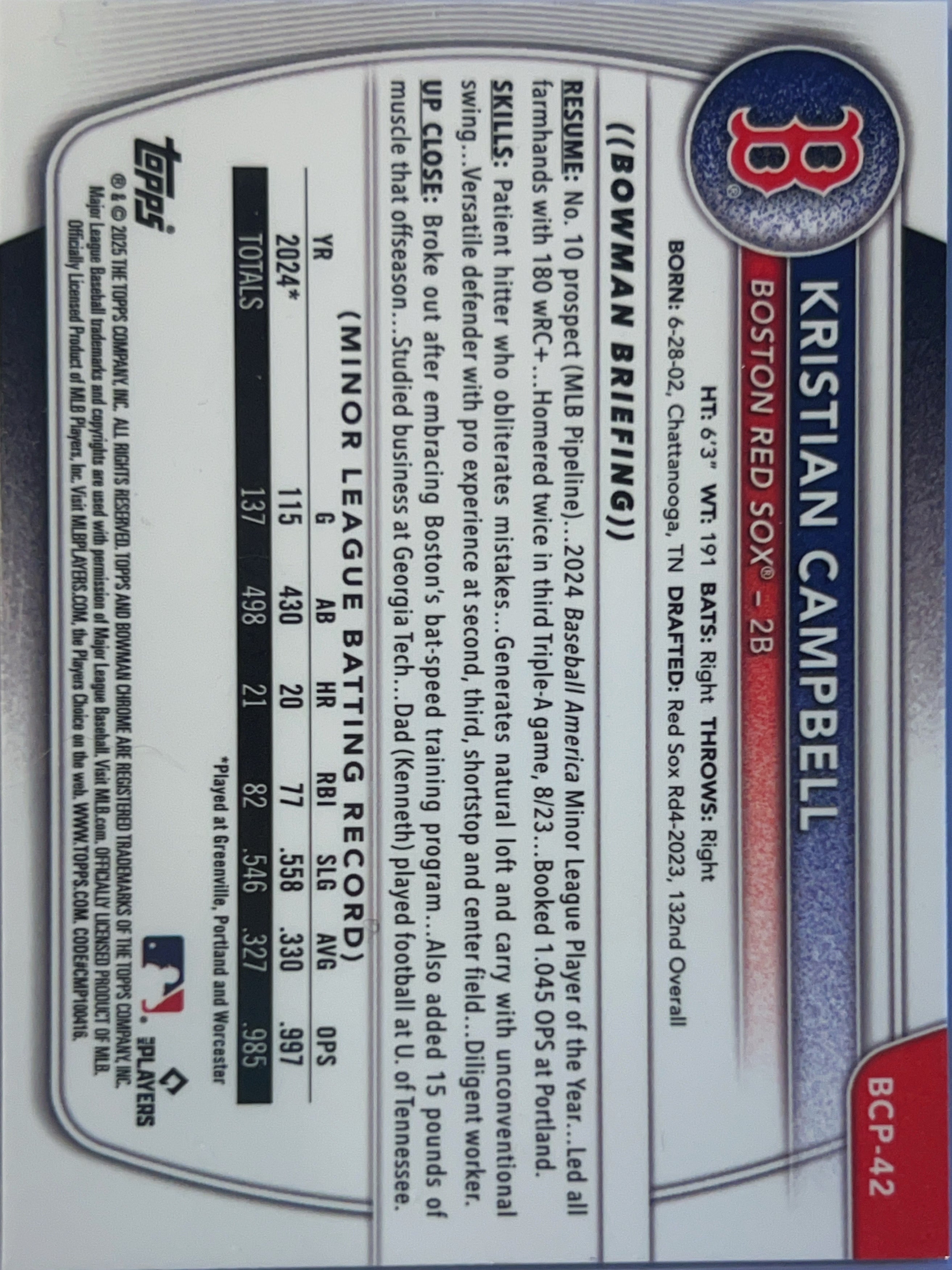 2025 Bowman Chrome Kristian Campbell #BCP-42 Reptilian Refractor