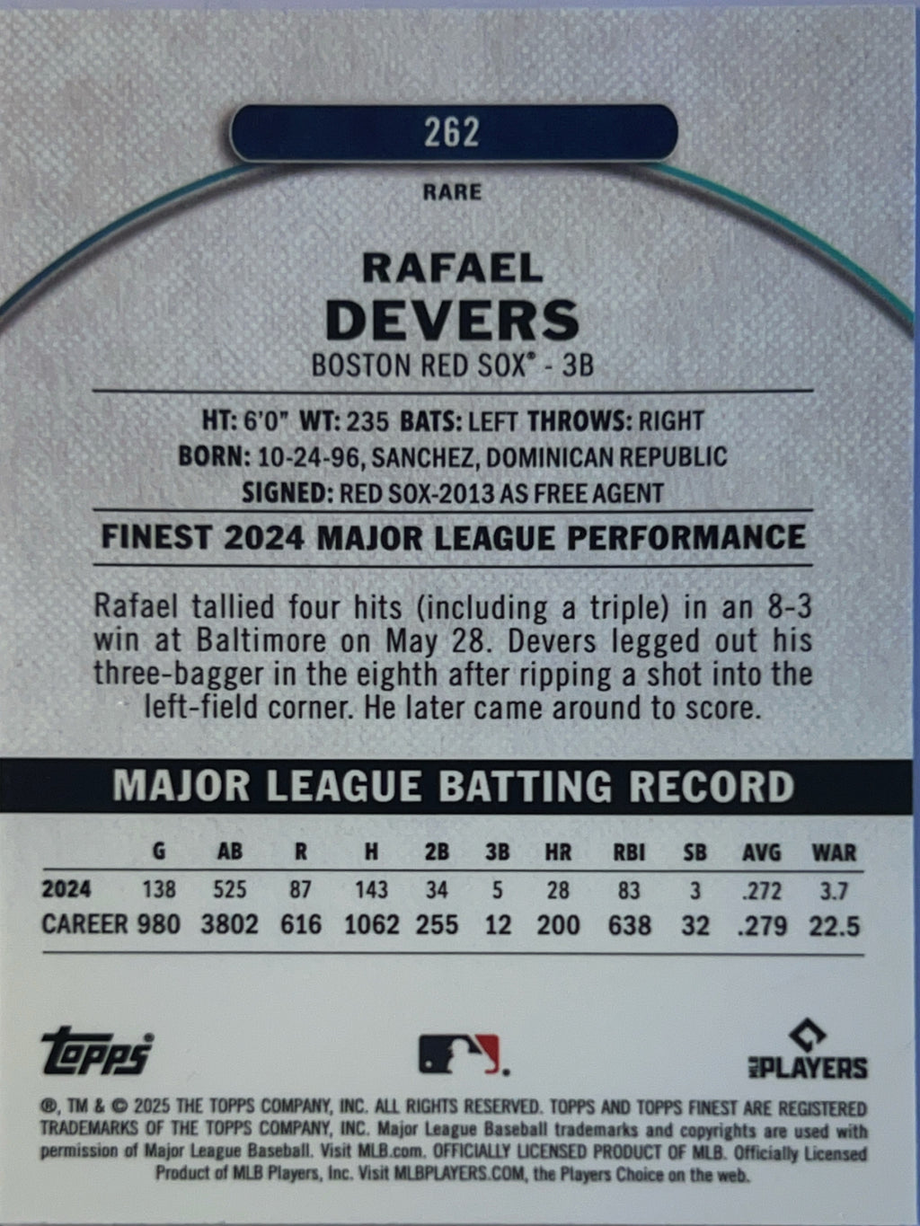 2025 Topps Finest Rafael Devers #262 Rare