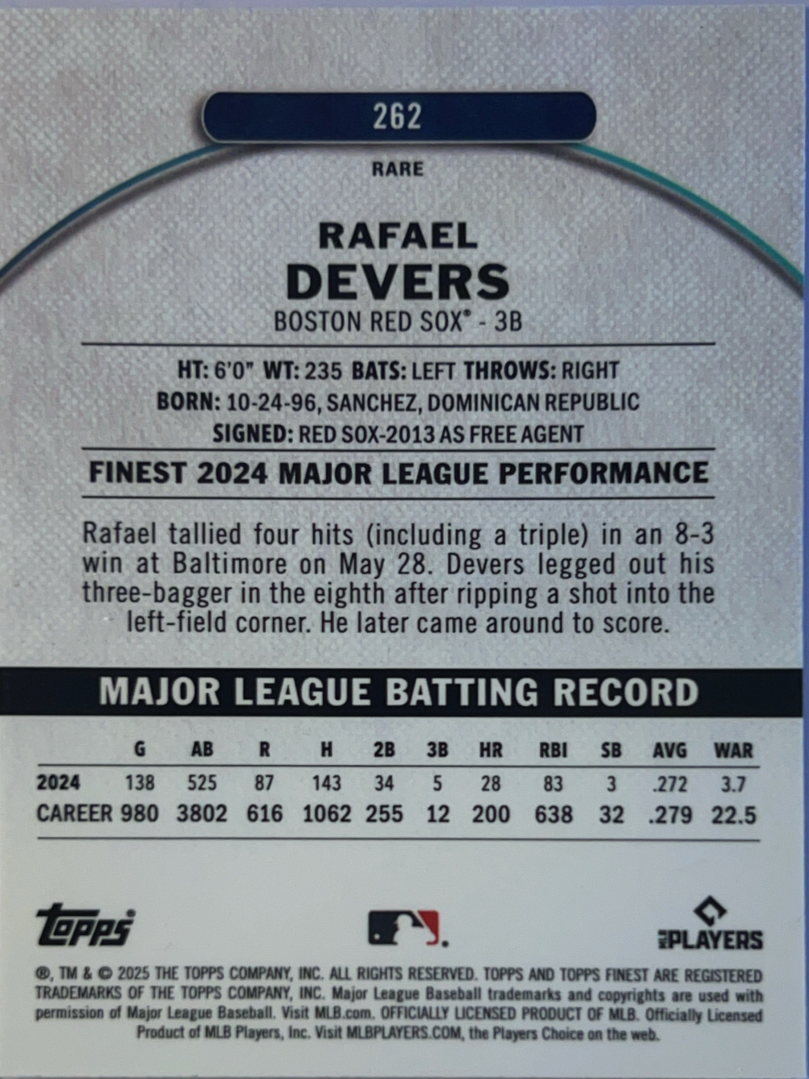 2025 Topps Finest Rafael Devers #262 Rare