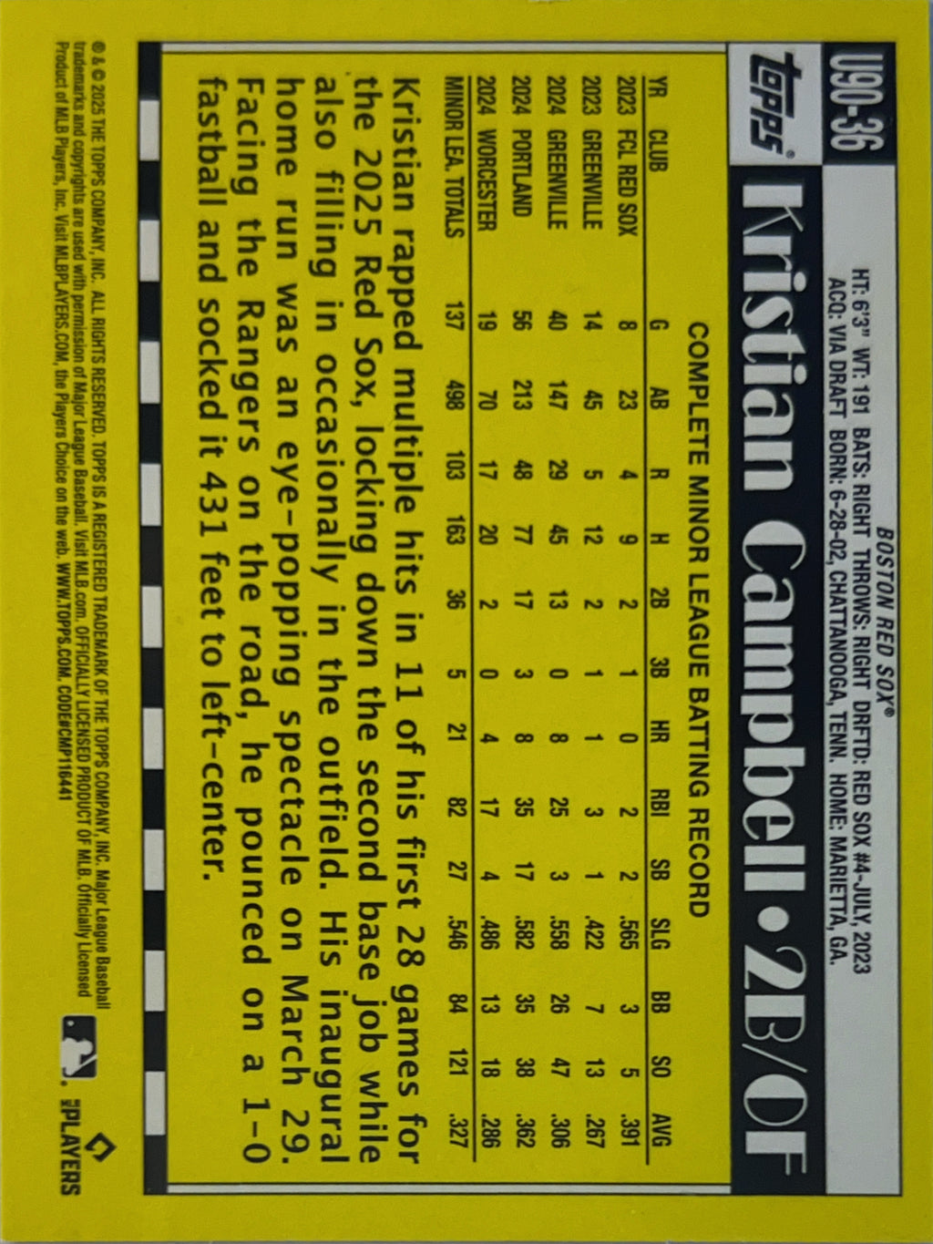 2025 Topps Kristian Campbell #U90-36 Rainbow Foil RC