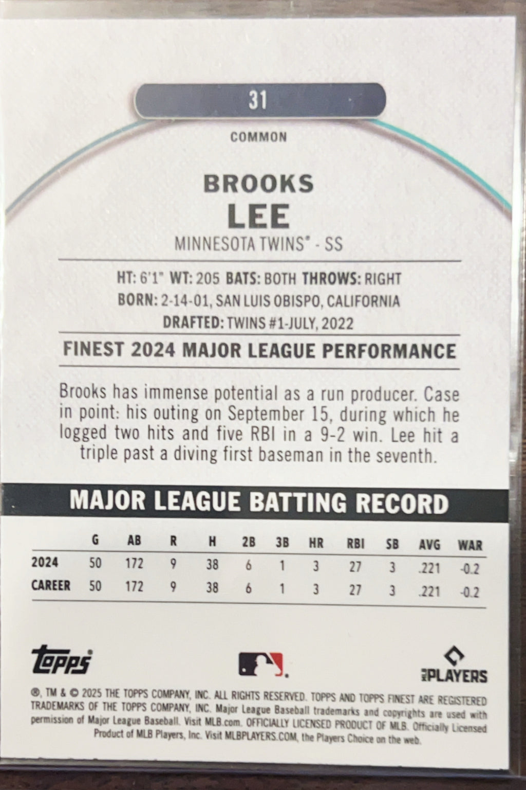 2025 Topps Finest Brooks Lee #31 /325 RC