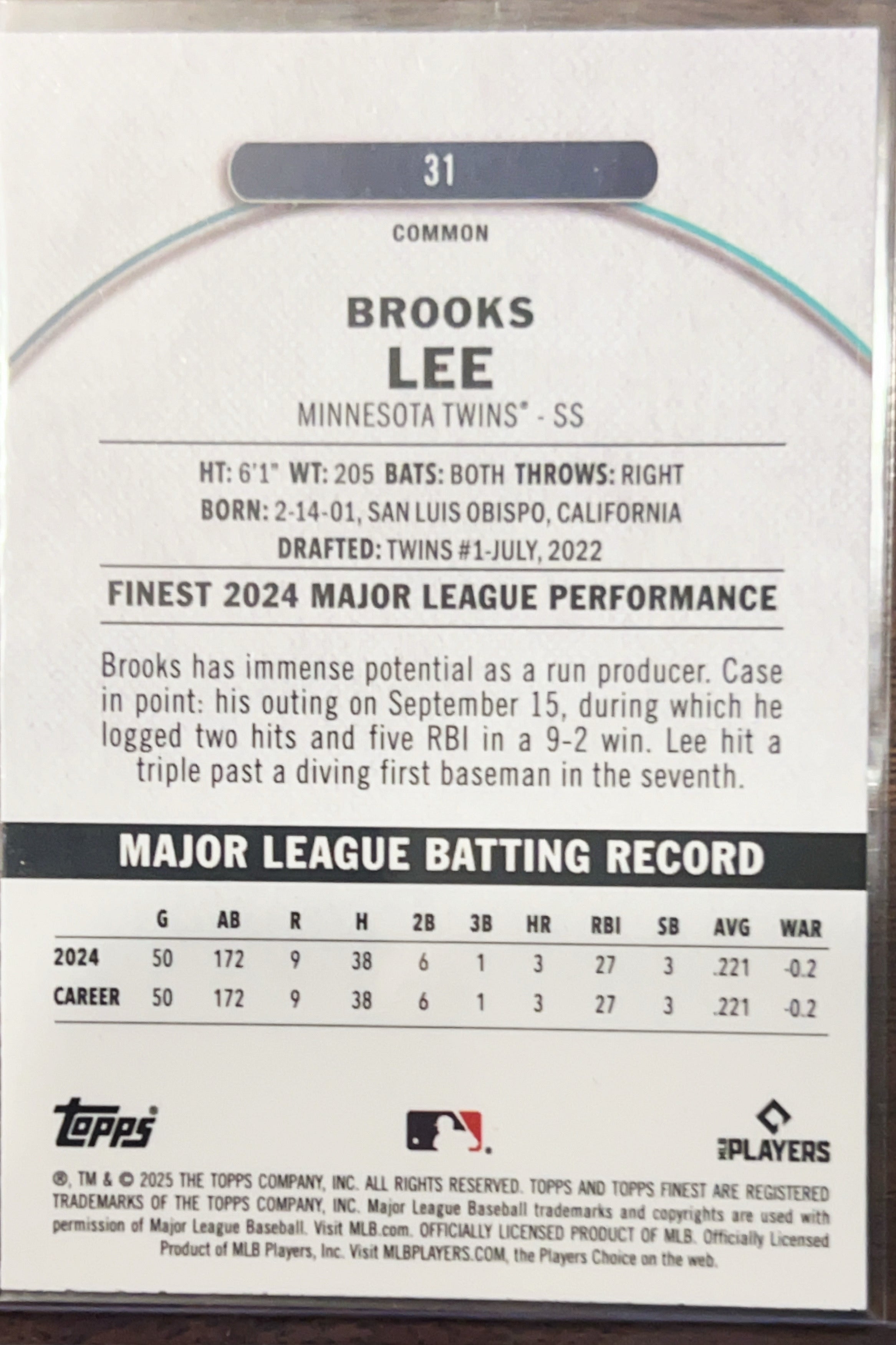 2025 Topps Finest Brooks Lee #31 /325 RC