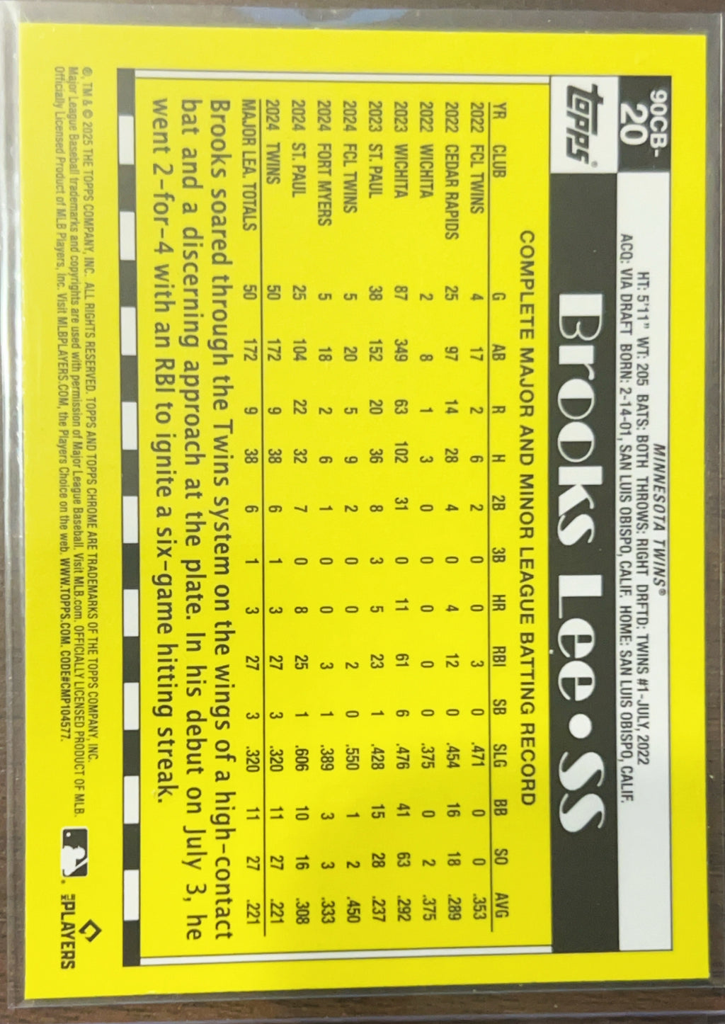 2025 Topps Chrome 1990 35th Anniversary Brooks Lee #90CB-20 Purple Refractor RC