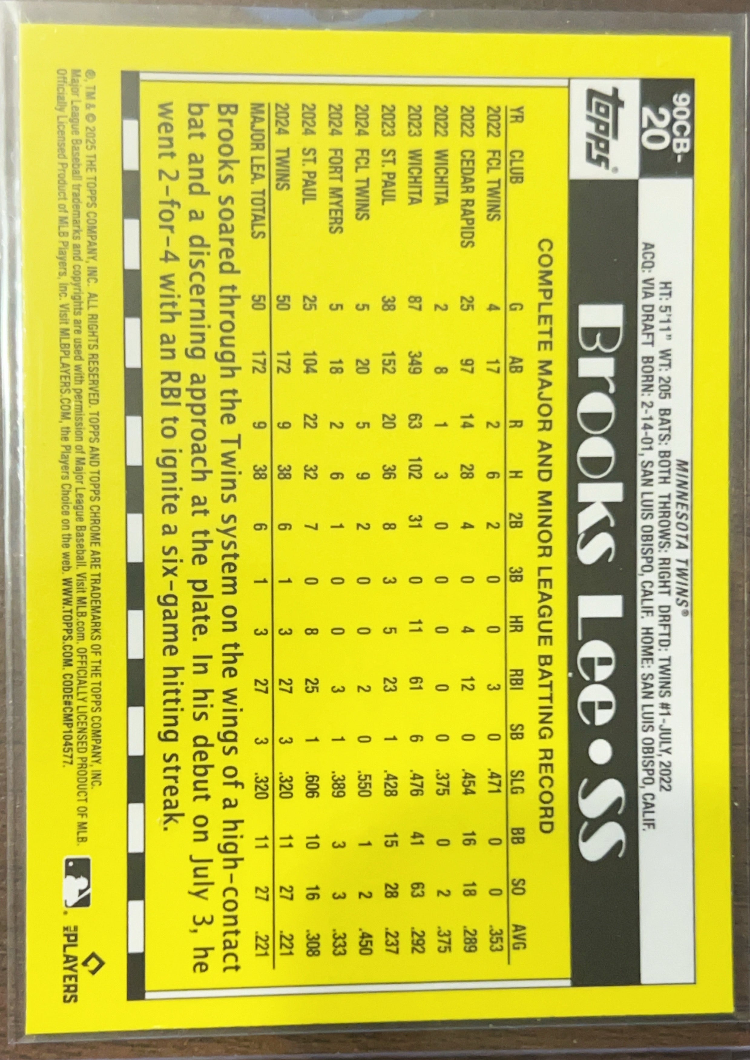 2025 Topps Chrome 1990 35th Anniversary Brooks Lee #90CB-20 Purple Refractor RC