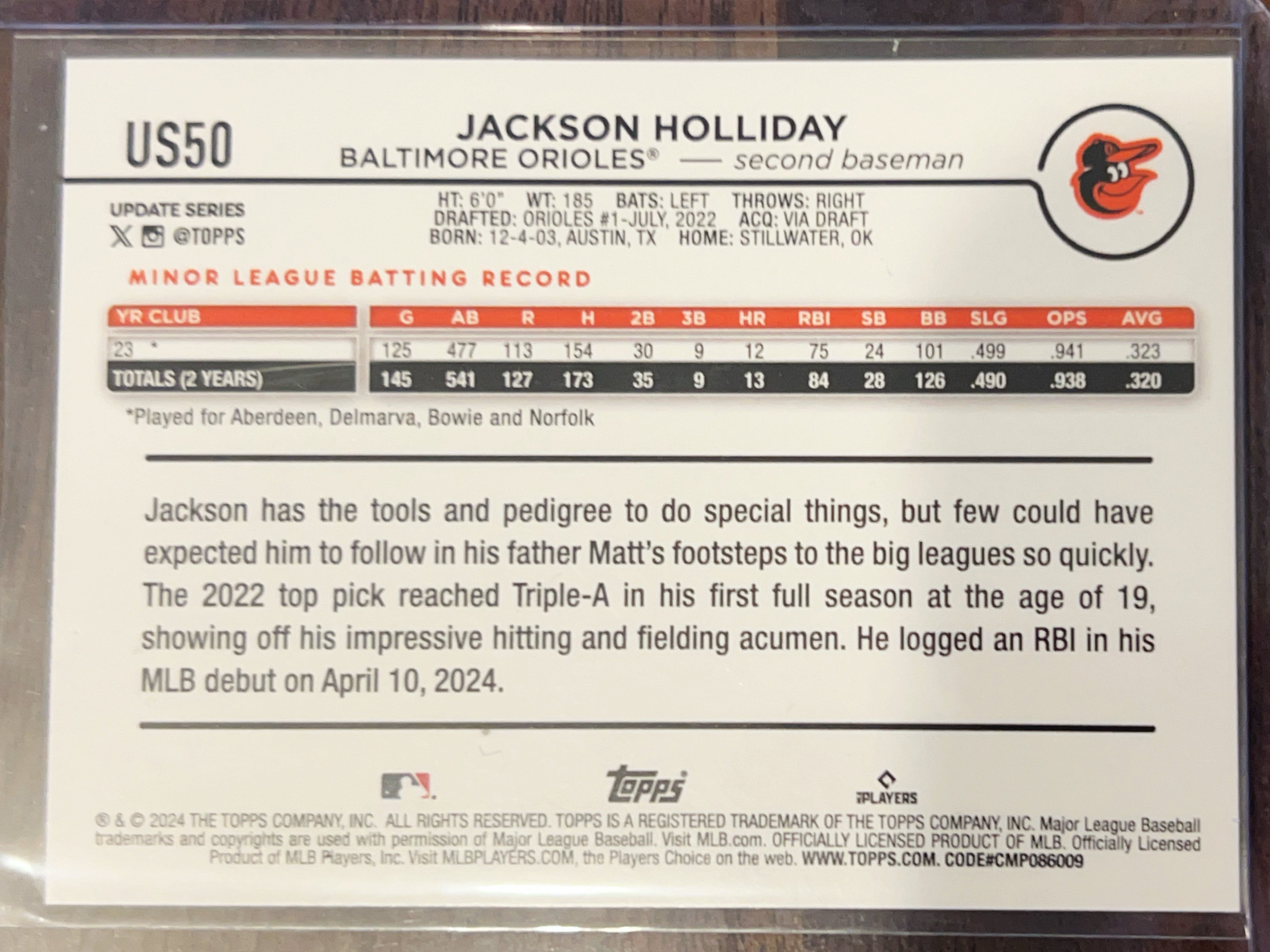 2024 Topps Update Series Jackson Holliday #US50 Rainbow Foil RC