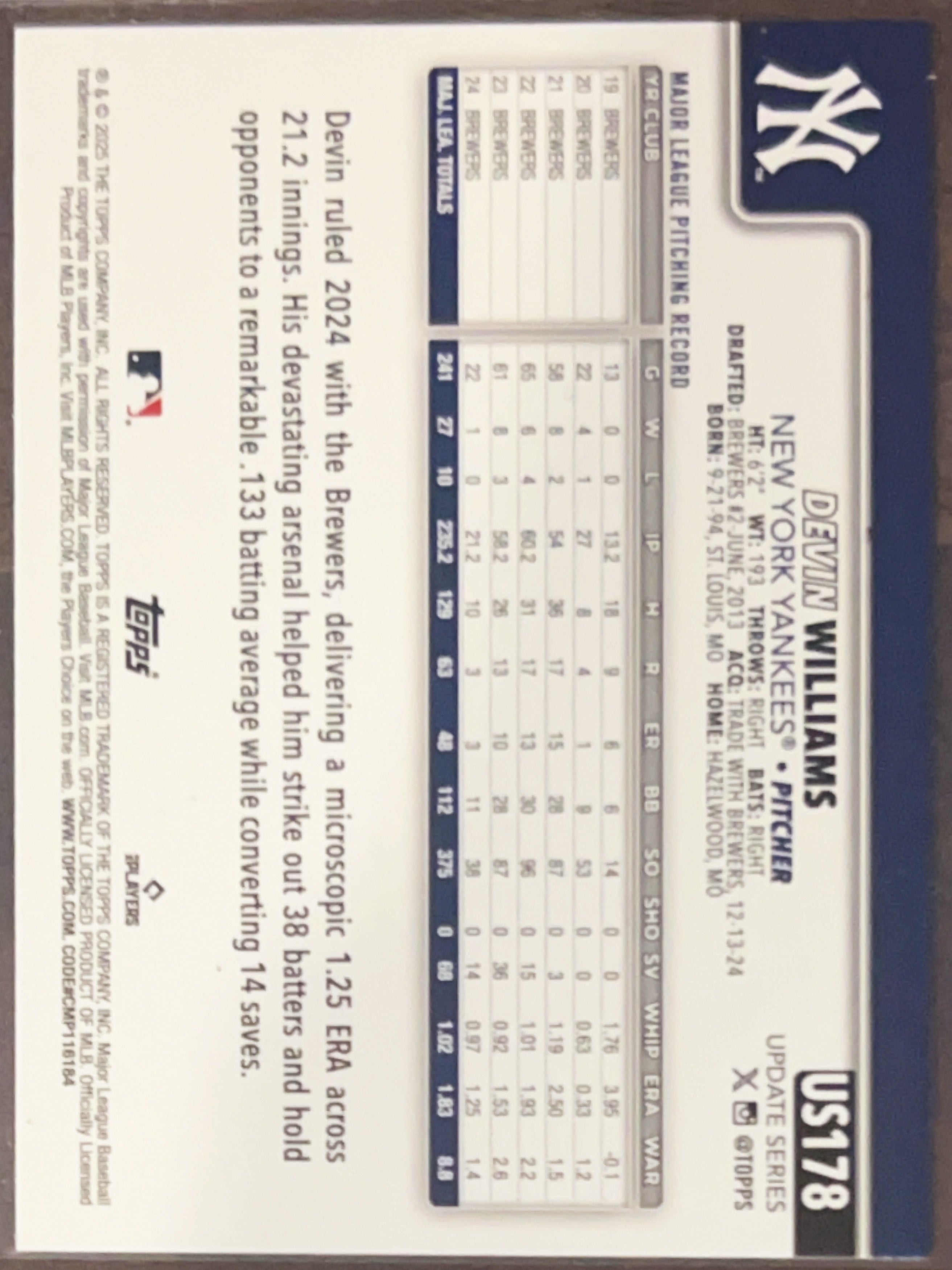 2025 Topps Update Series Devin Williams #US178 Diamante