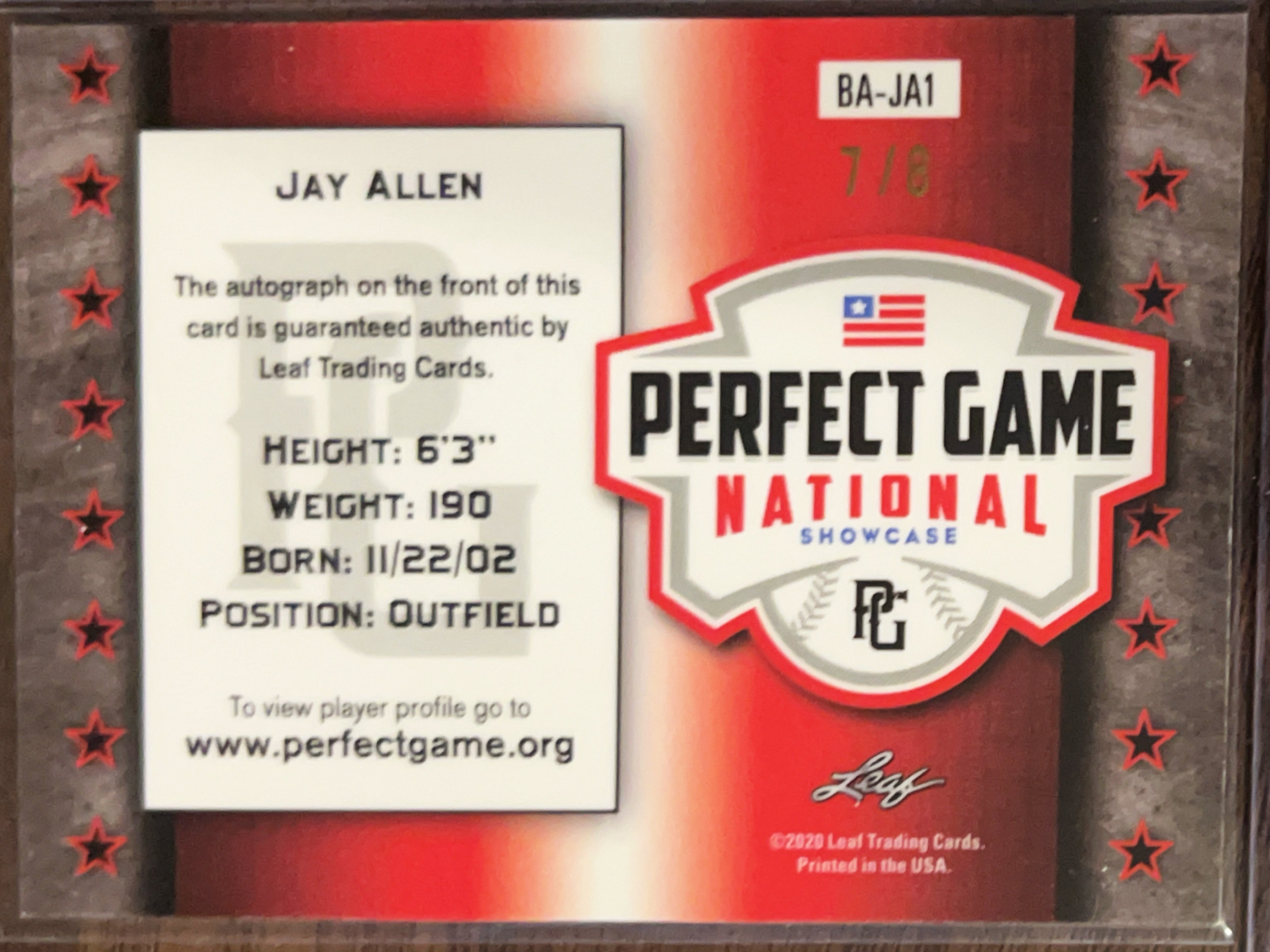 2020 Leaf Perfect Game National Showcase Jay Allen #BA-JA1 Purple Mojo Auto