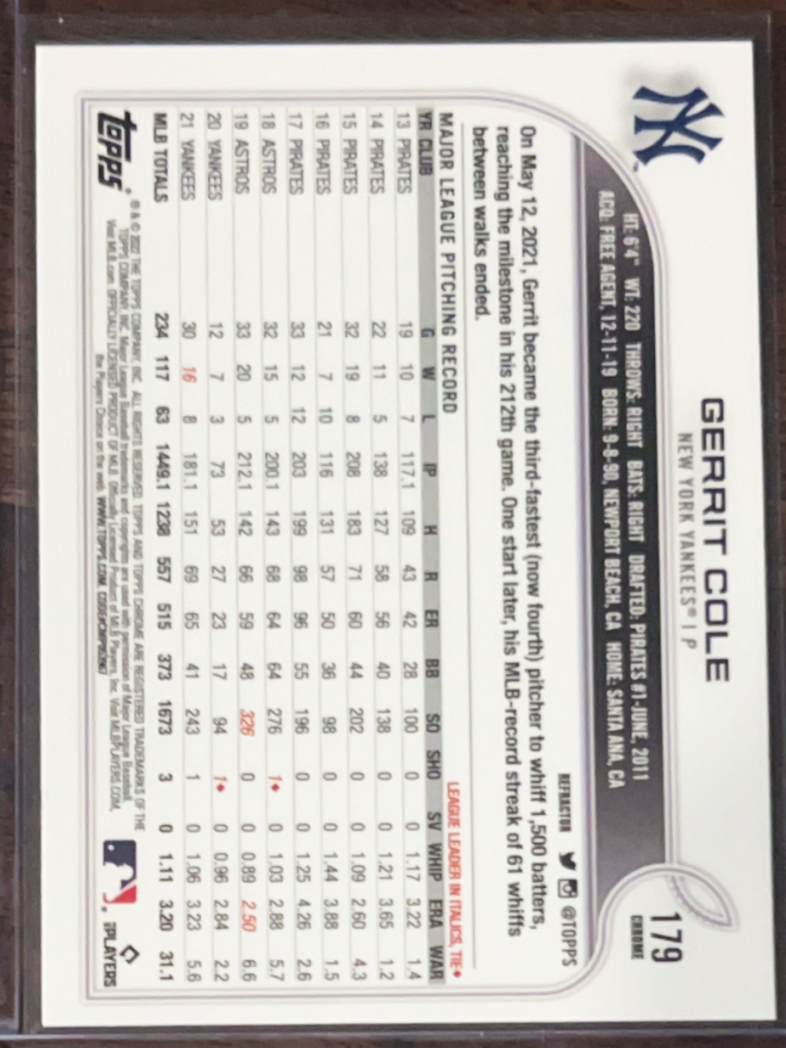 2022 Topps Chrome Gerrit Cole #179 Refractor