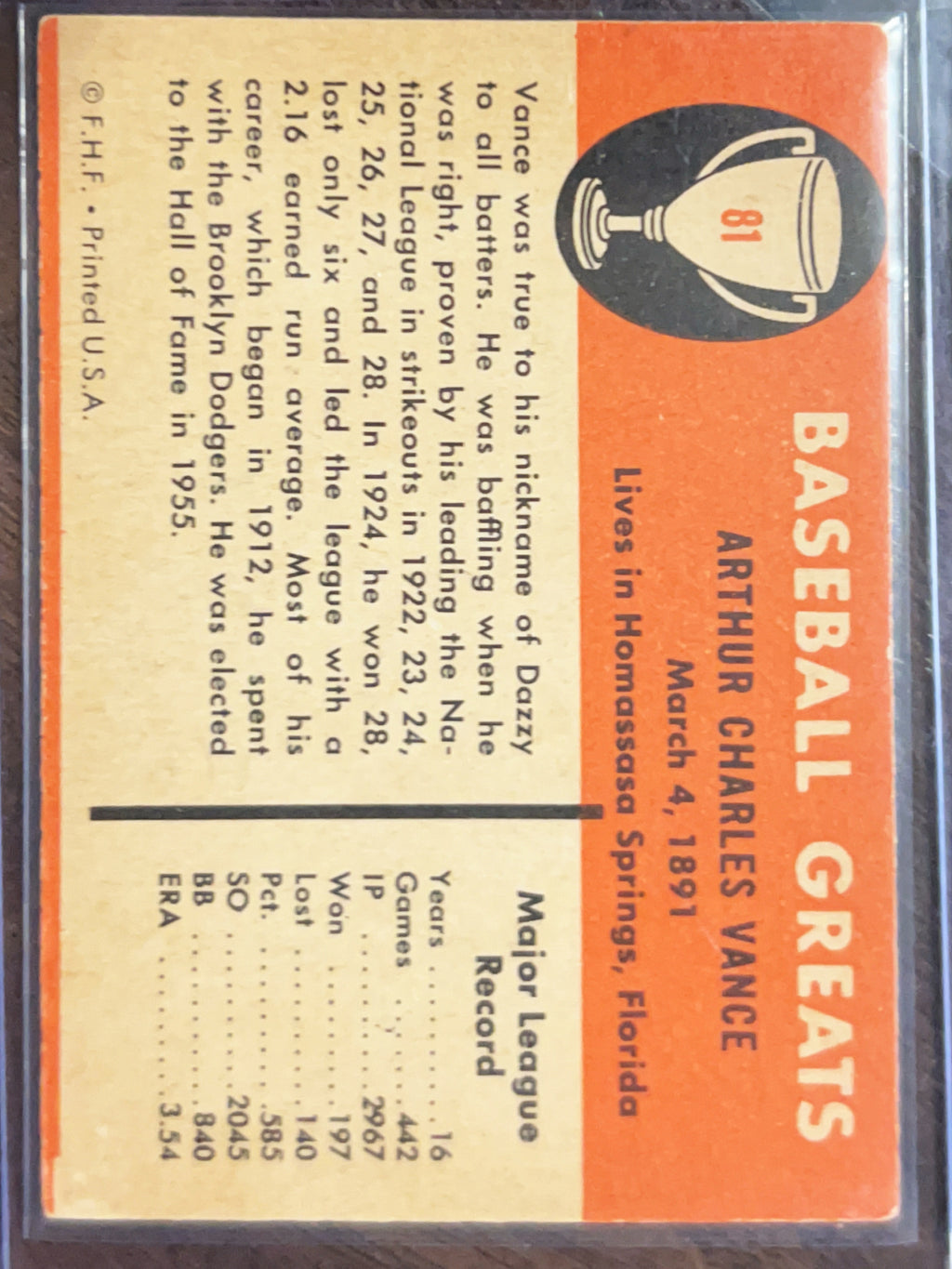1961 Fleer Baseball Greats Dazzy Vance #81