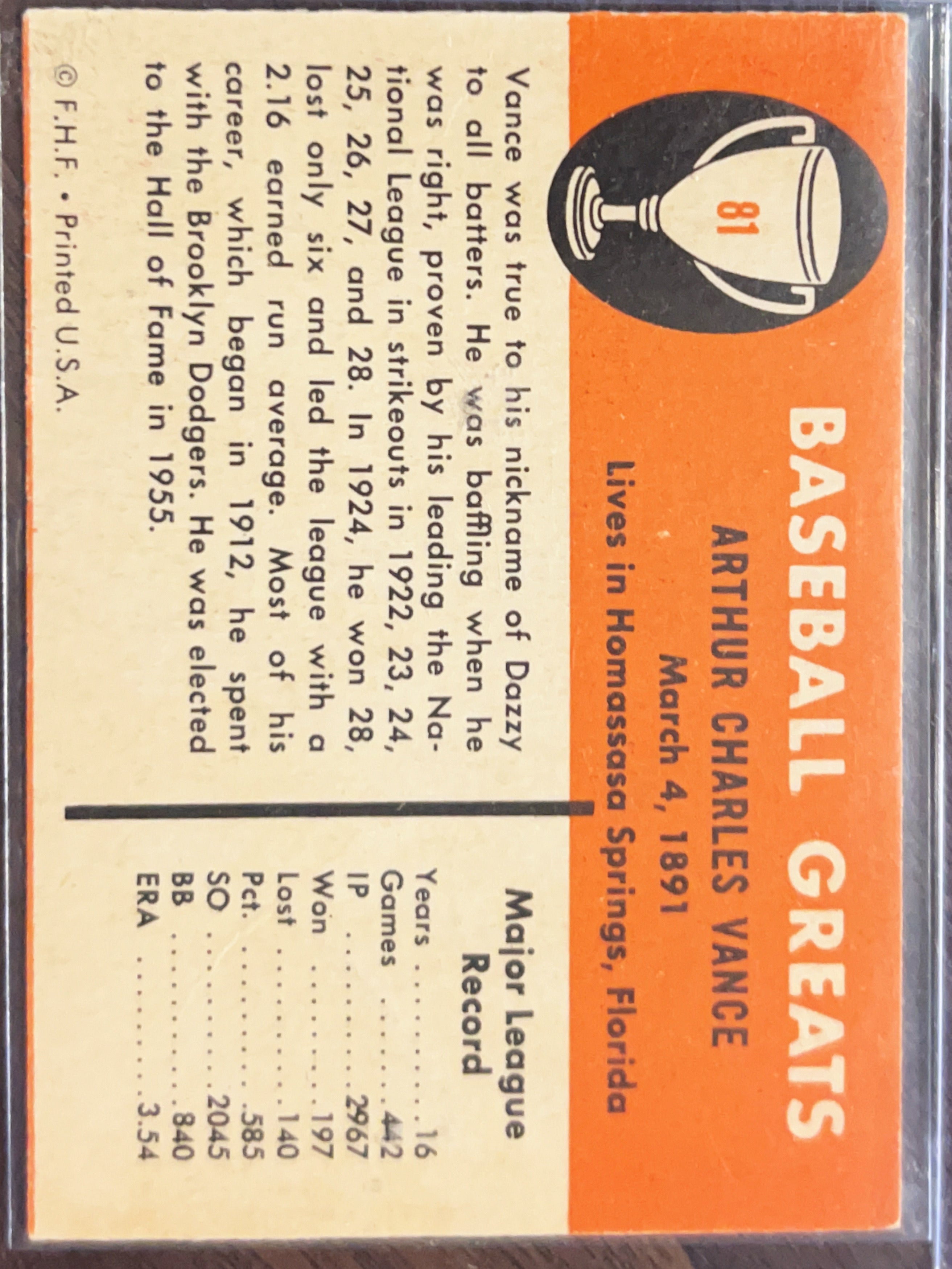 1961 Fleer Baseball Greats Dazzy Vance #81
