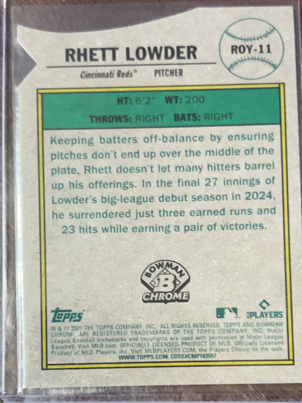 2025 Bowman Chrome ROY Rhett Lowder #ROY-11 Mega Box Mojo Refractor RC