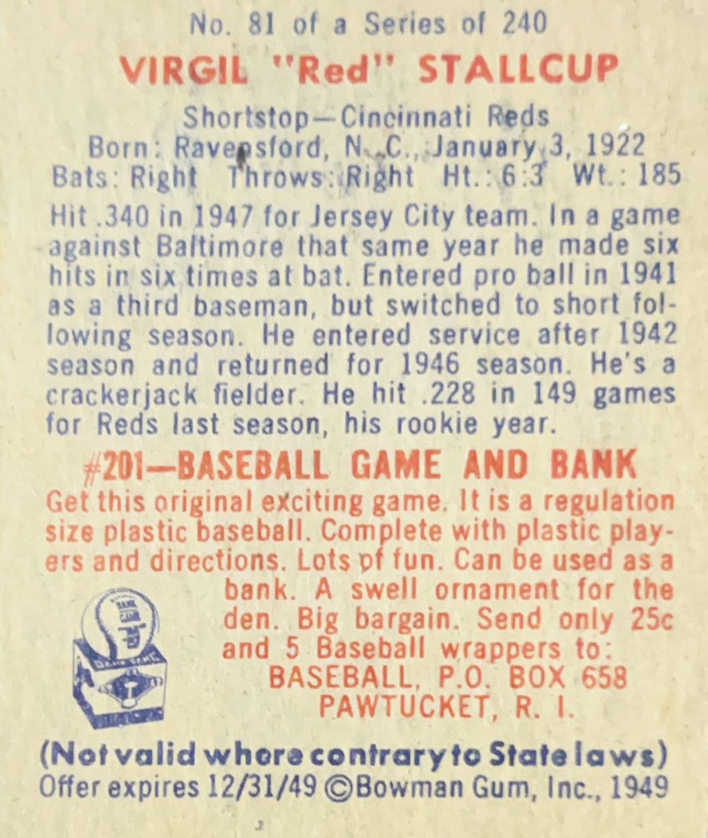 1949 Bowman Virgil Stallcup #81