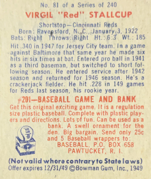 1949 Bowman Virgil Stallcup #81