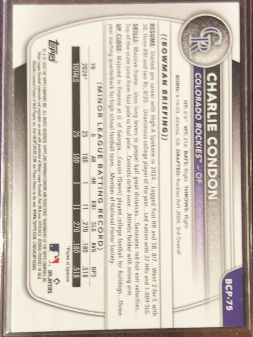 2024 Bowman Chrome Charlie Condon #BCP-75 Mojo Refractor