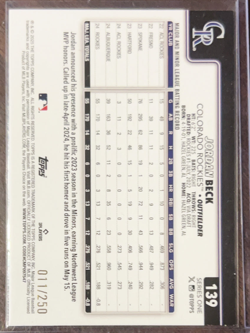 2025 Topps Series One Jordan Beck #139 Purple Foilboard