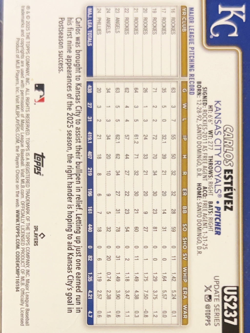2025 Topps Update Series Carlos Estévez #US237 Silver Foilboard