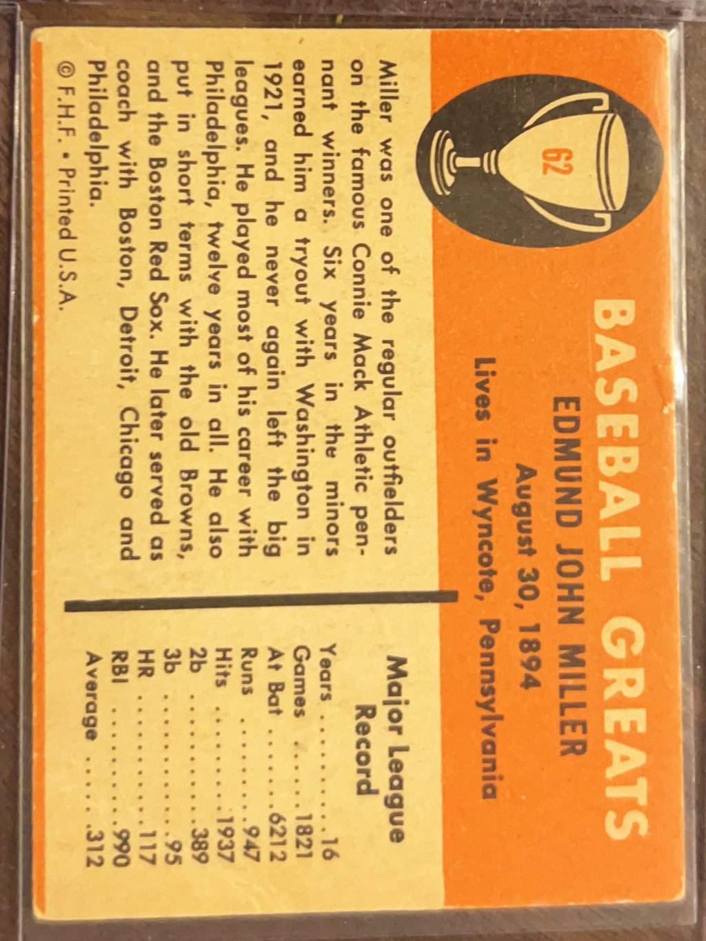 1961 Fleer Baseball Greats Bing Miller #62