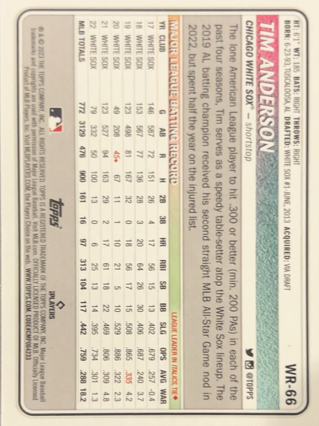 2023 Topps Big League Tim Anderson #WR-66 Gold Foil /50