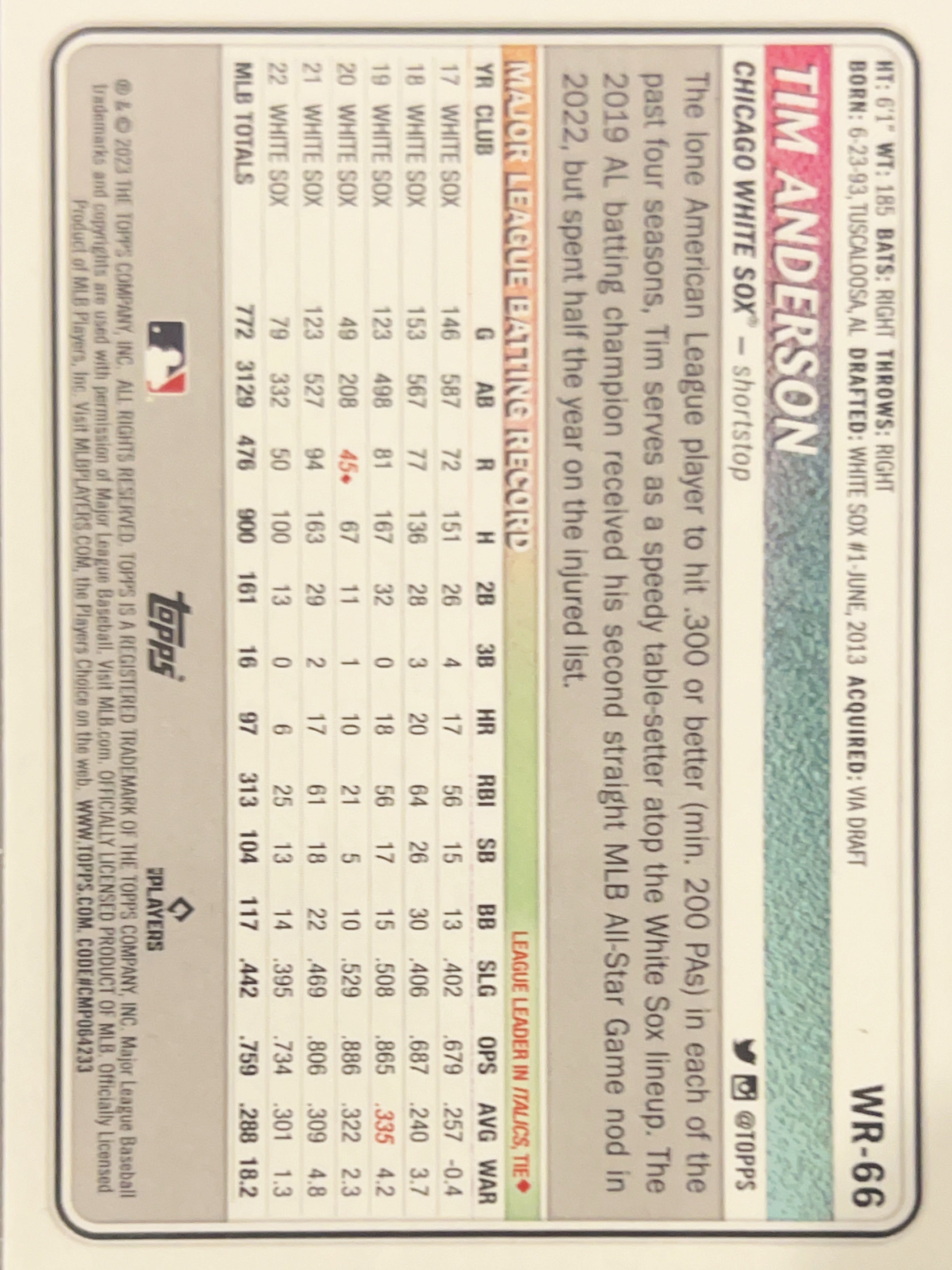 2023 Topps Big League Tim Anderson #WR-66 Gold Foil /50