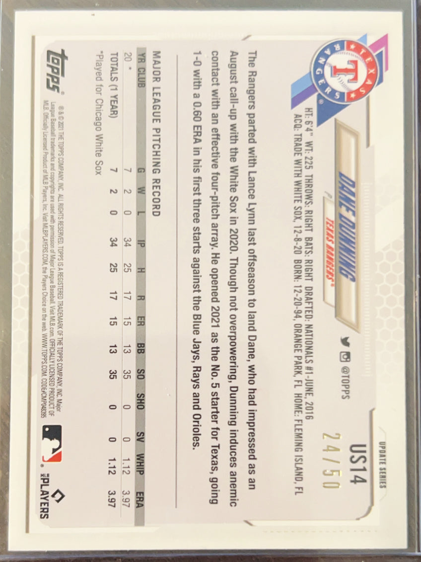 2021 Topps Update Series Dane Dunning #US14 Mothers Day Hot Pink /50 RC