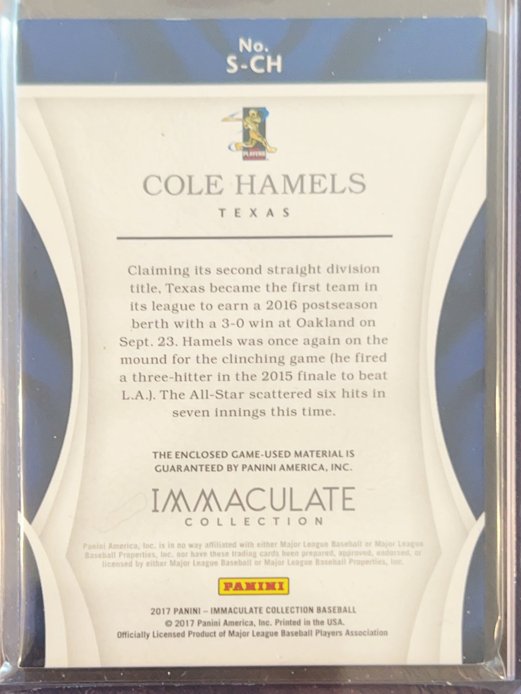 2017 Panini Immaculate Collection Cole Hamels #S-CH /99 Memorabilia