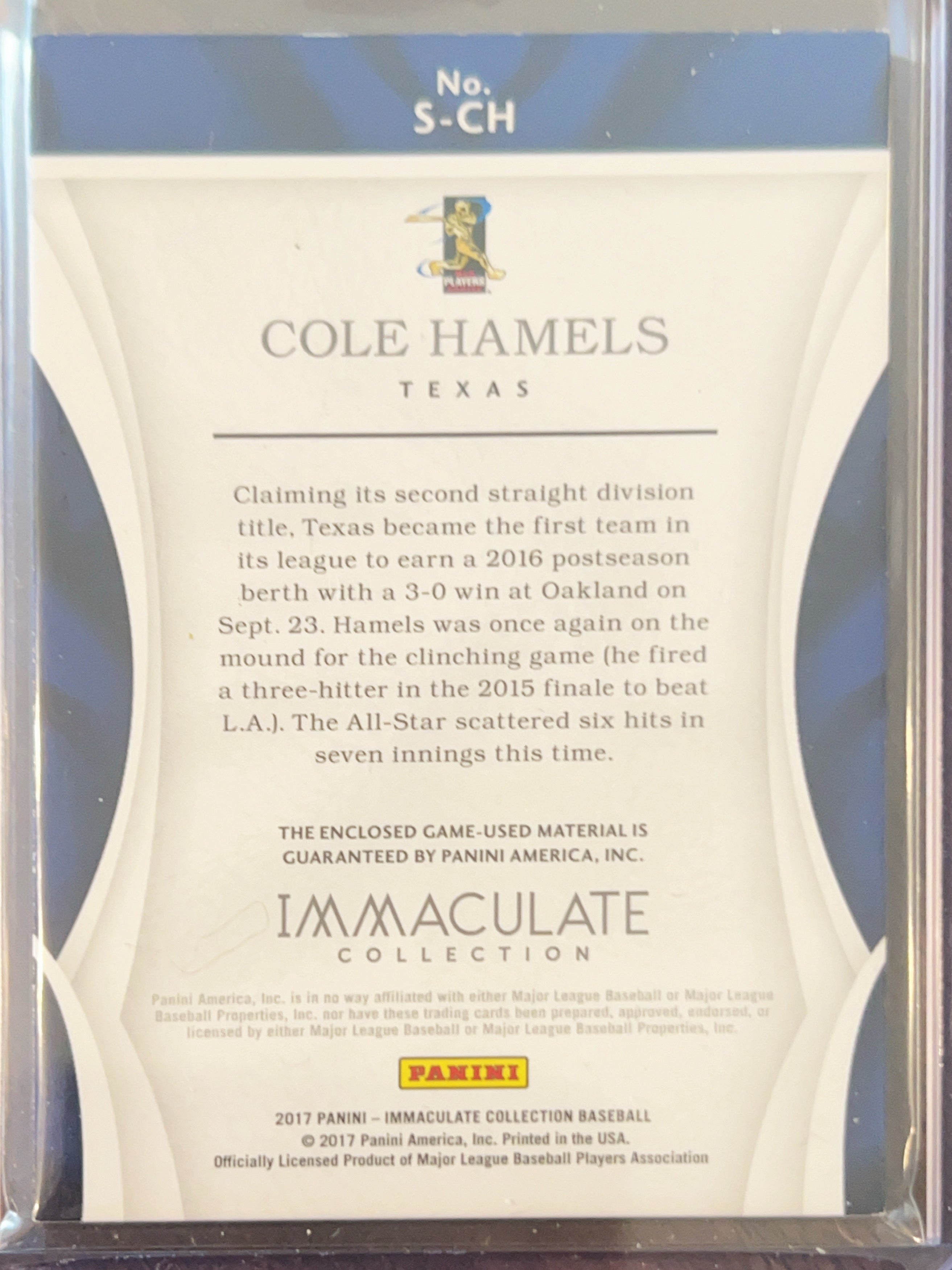 2017 Panini Immaculate Collection Cole Hamels #S-CH /99 Memorabilia