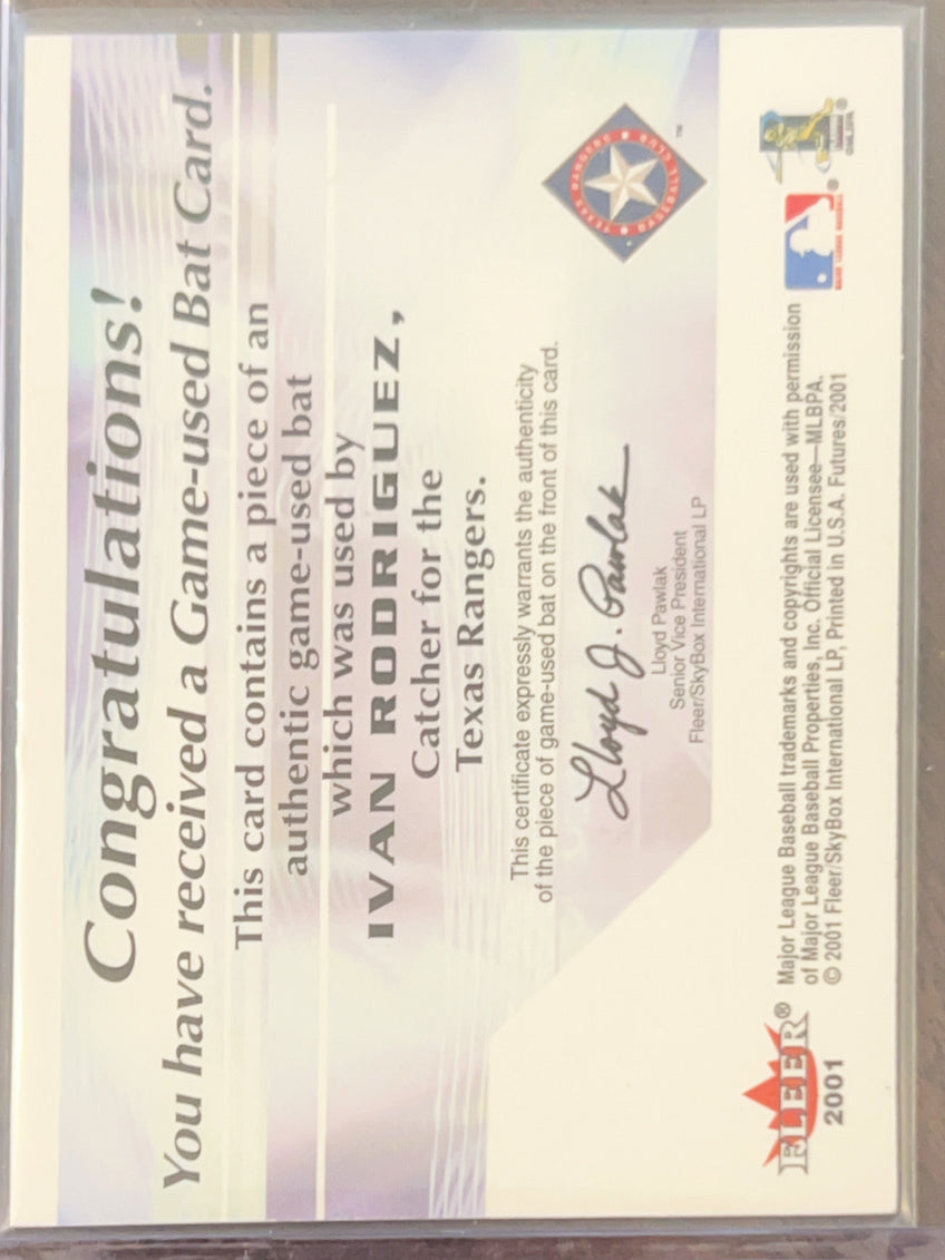2001 Fleer Futures Bats to the Future Ivan Rodriguez Authentic Game-Used Bat