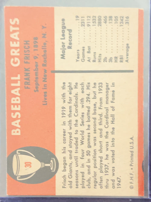 1961 Fleer Baseball Greats Frankie Frisch #30