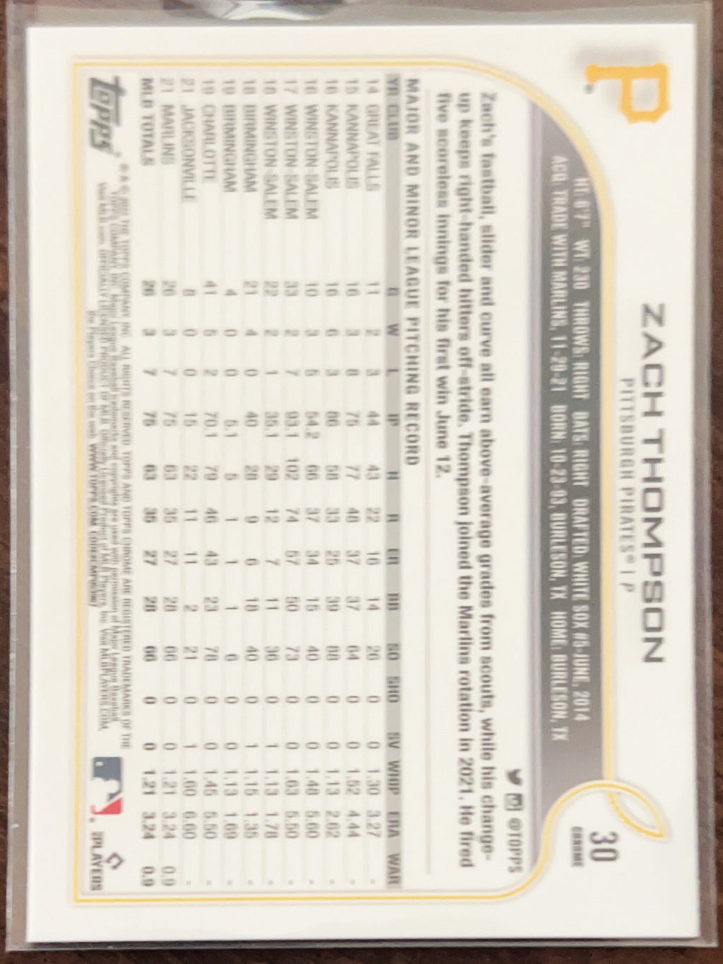 2022 Topps Chrome Zach Thompson #30 Pink Refractor RC