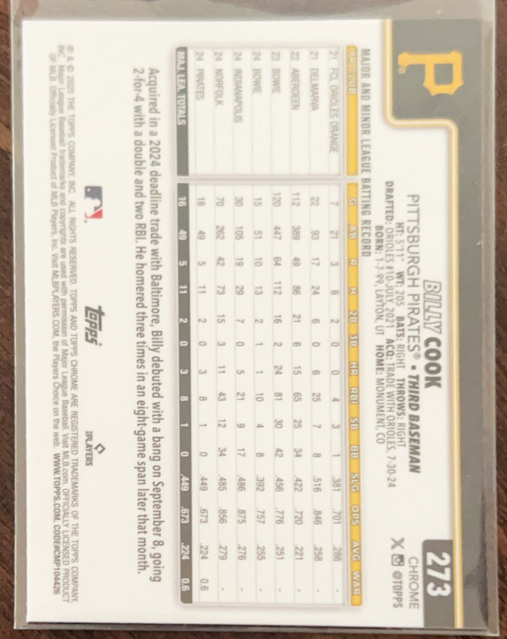 2025 Topps Chrome Update Billy Cook #273 Prsim RC