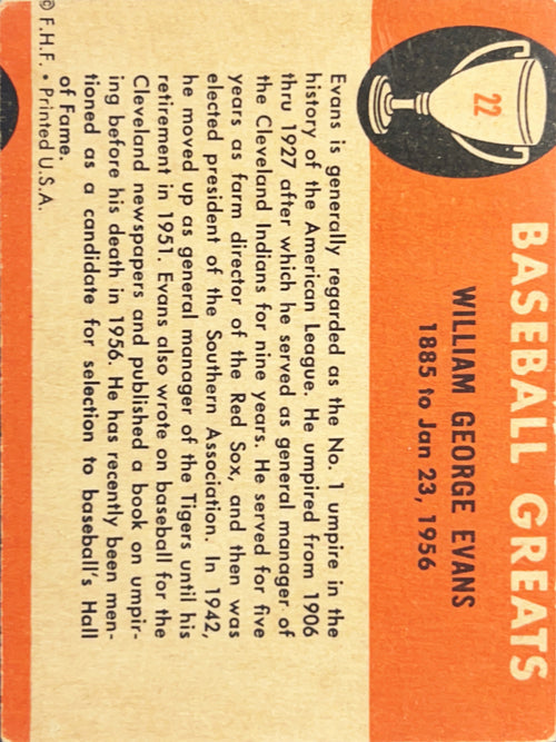 1961 Fleer Baseball Greats Billy Evans #22