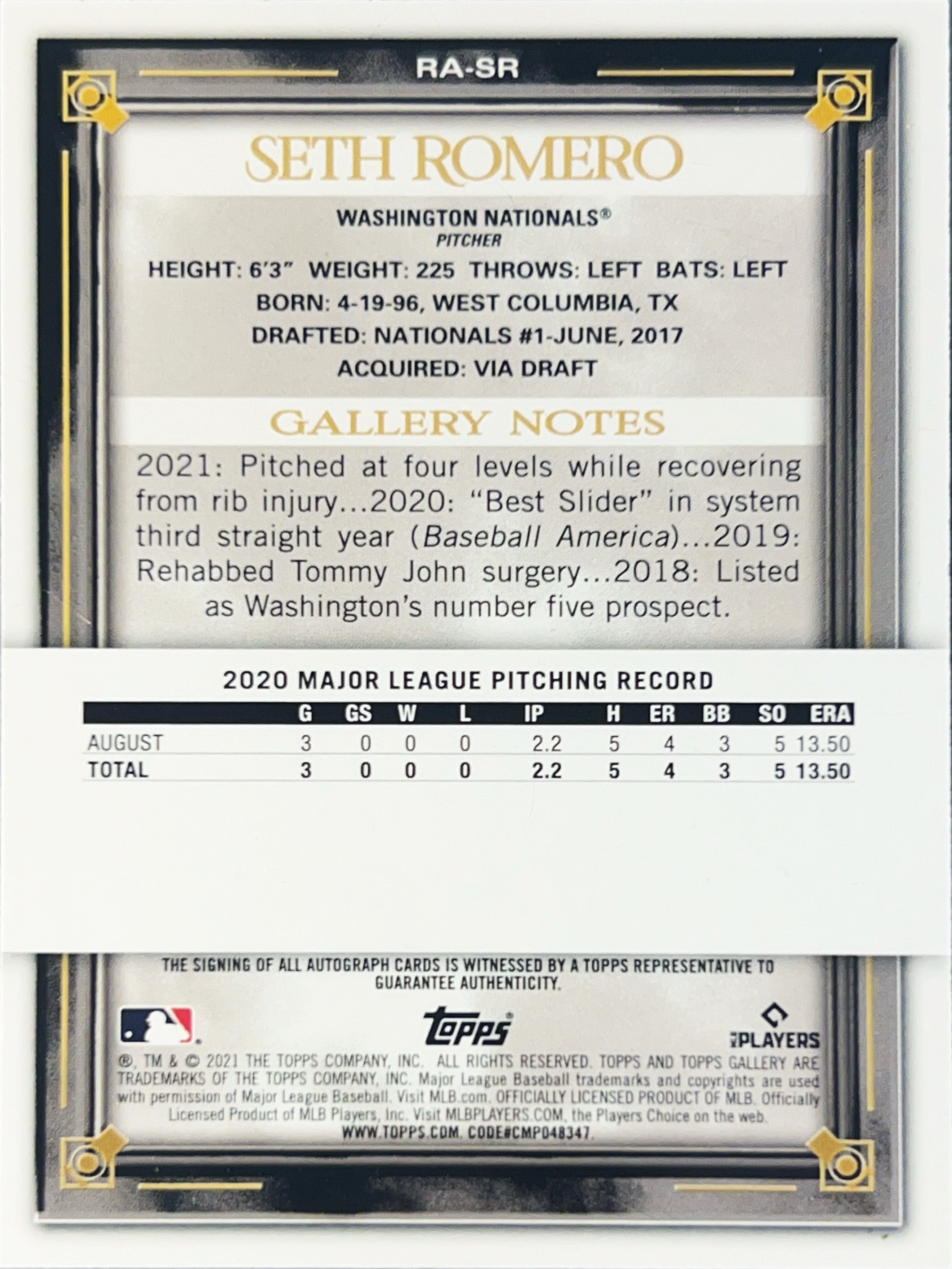 2021 Topps Gallery Seth Romero #RA-SR RC
