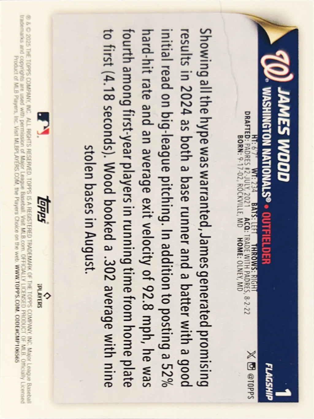2025 Topps Flagship James Wood #1 RC