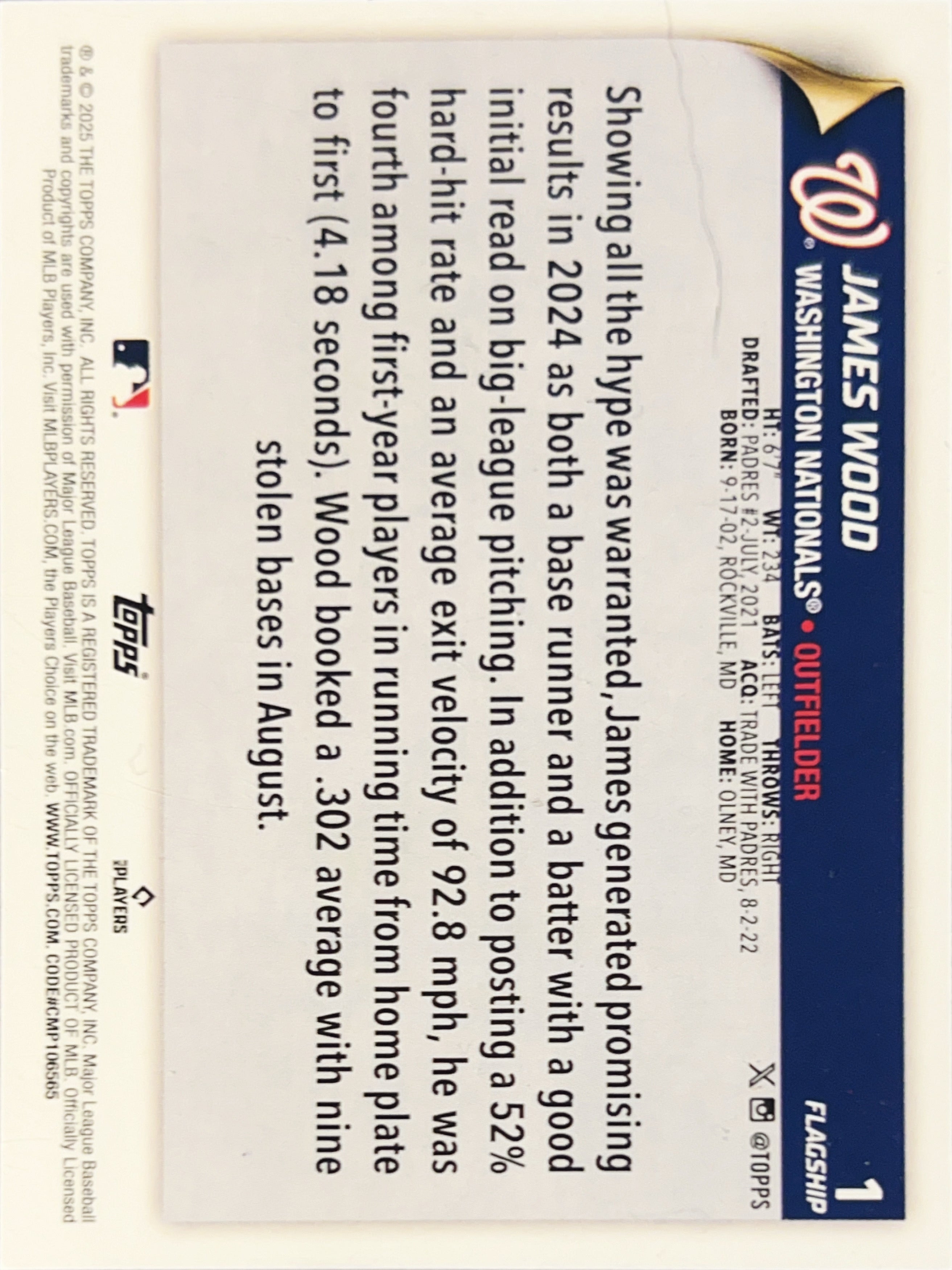 2025 Topps Flagship James Wood #1 RC