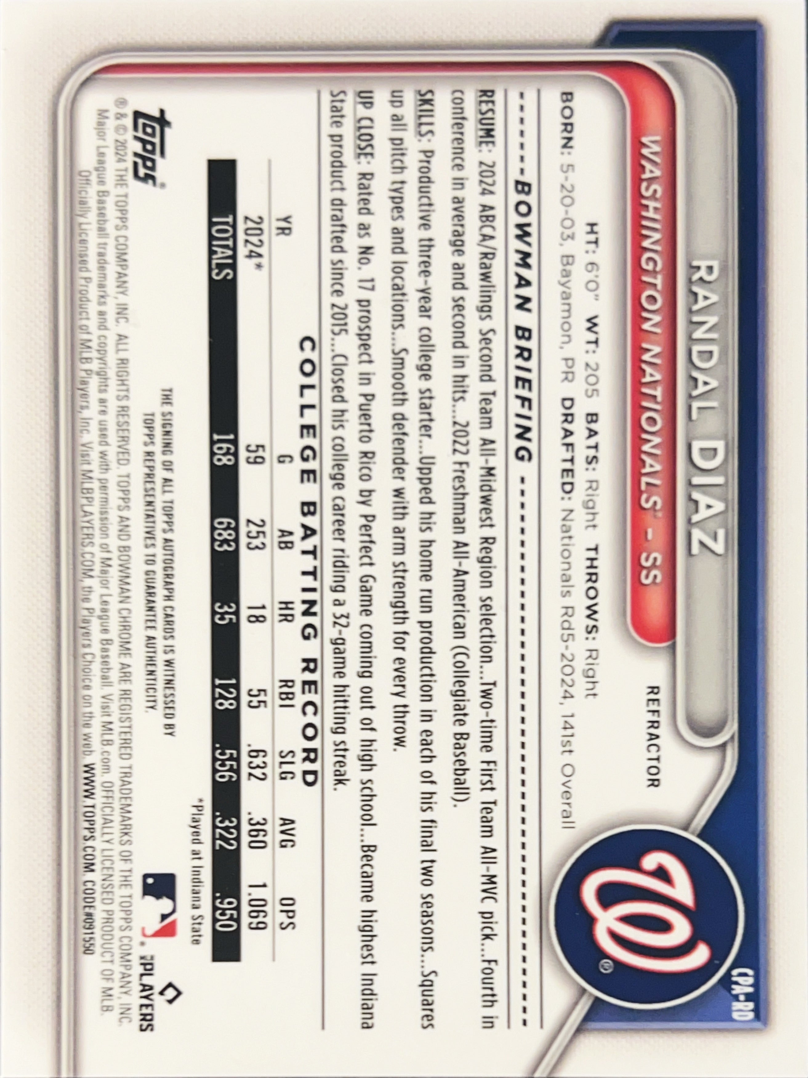 2024 Bowman Chrome Randal Diaz #CPA-RD Refractor /499 1st Bowman Auto