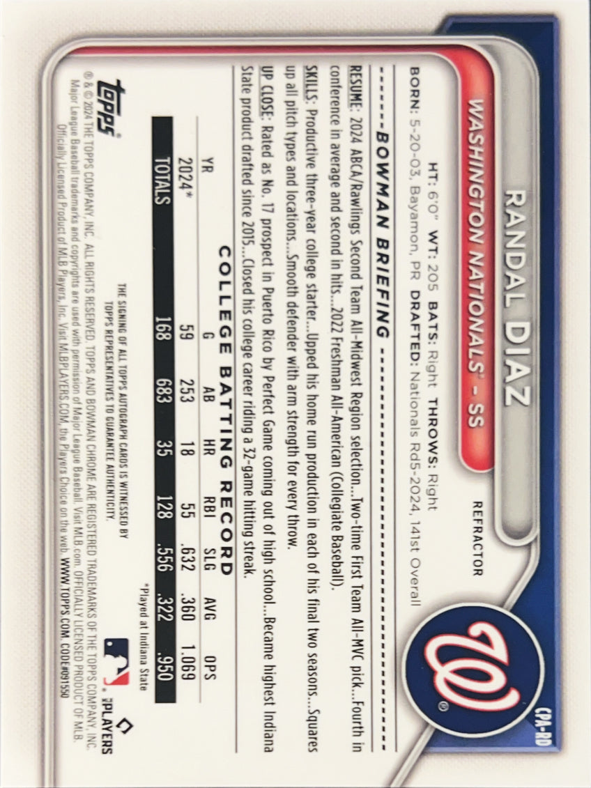 2024 Bowman Chrome Randal Diaz #CPA-RD Refractor /499 1st Bowman