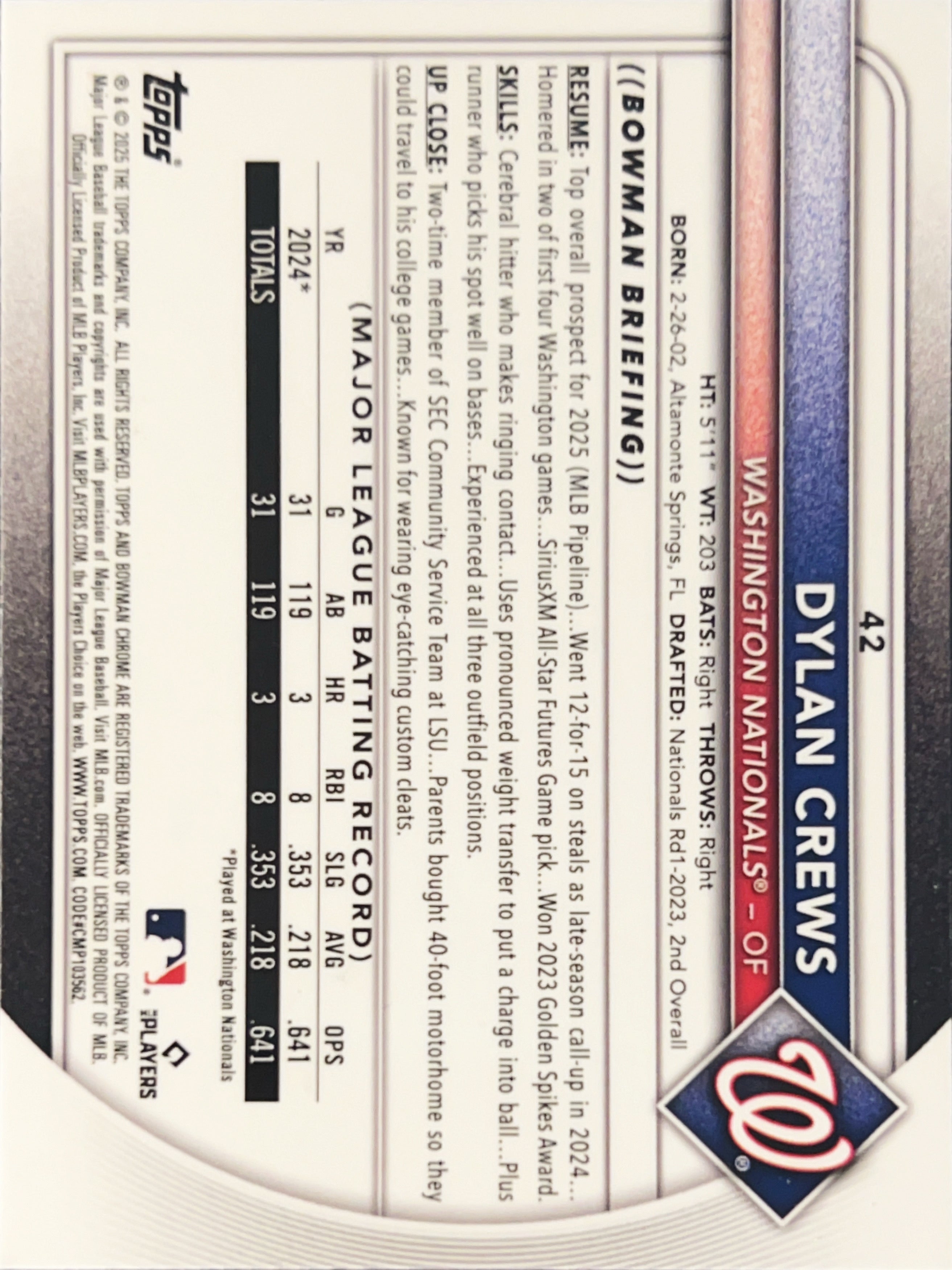 2025 Bowman Chrome Dylan Crews #42 Mega Box Mojo Refractor RC