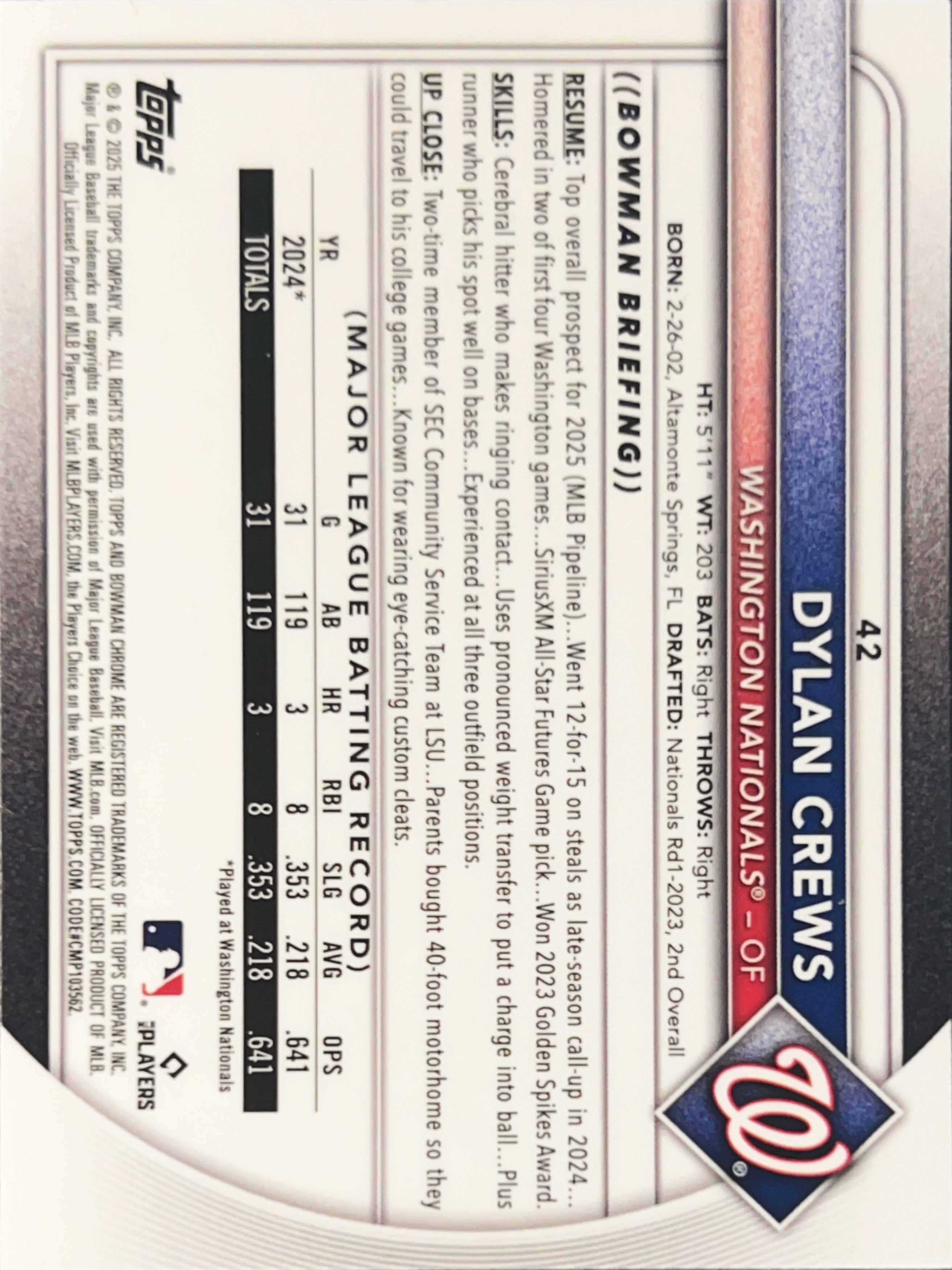 2025 Topps Bowman Chrome Dylan Crews #42 Mojo Refractor RC