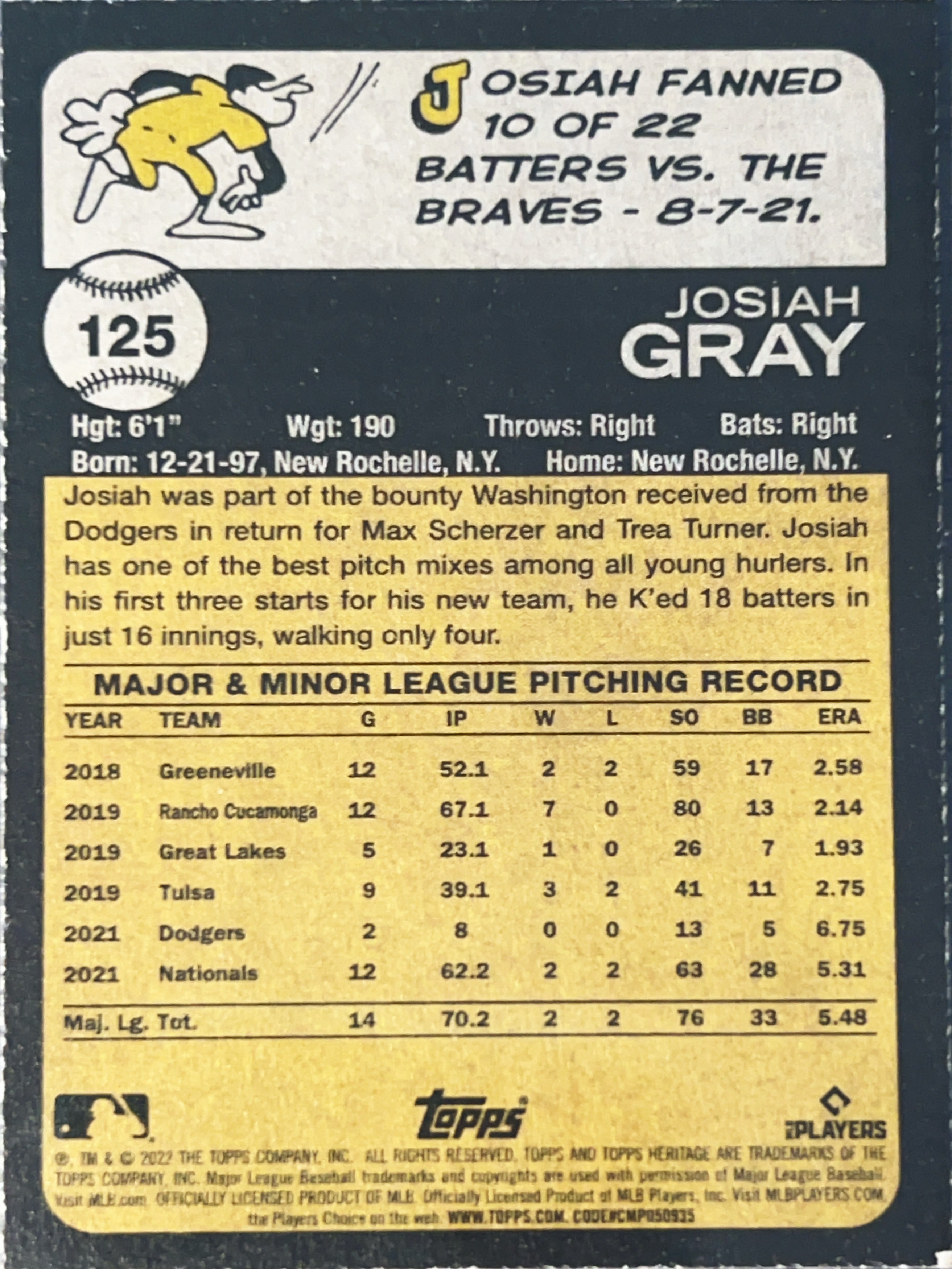 2022 Topps Heritage Josiah Gray #125 Blue Sparkle RC