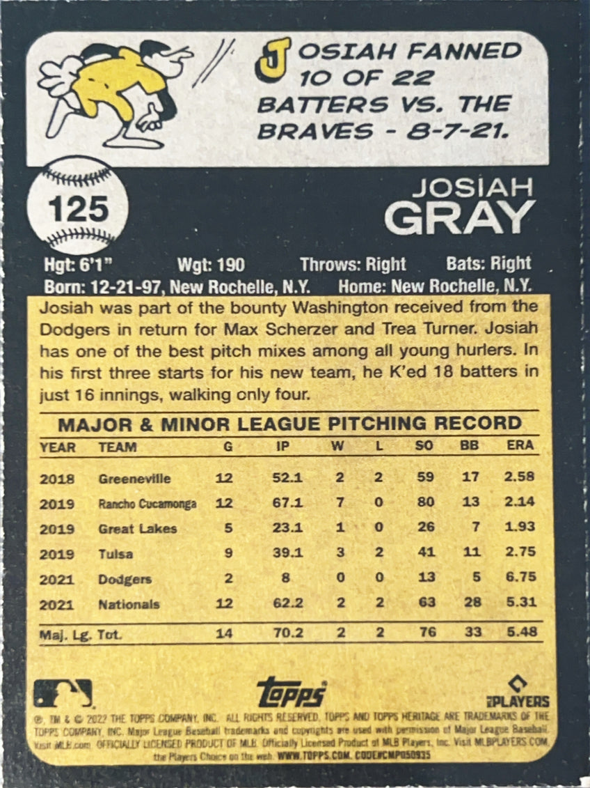 2022 Topps Heritage Josiah Gray #125 Blue Sparkle RC