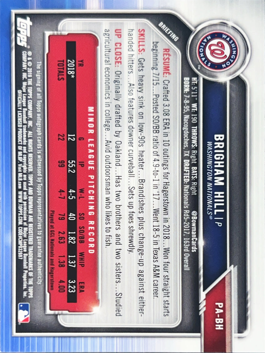 2019 Topps Bowman Brigham Hill #PA-BH