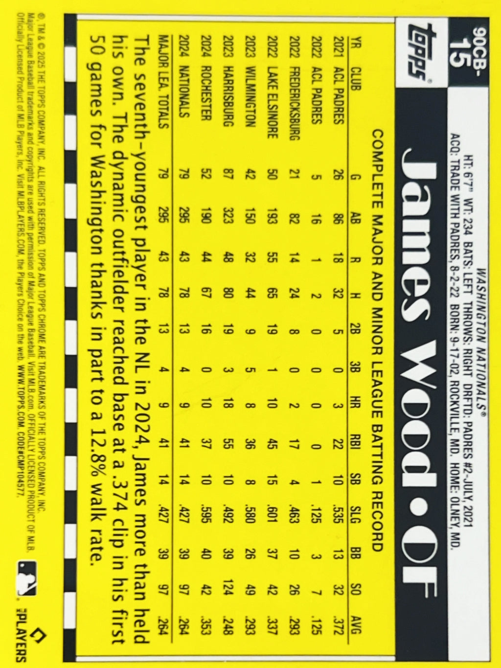 2025 Topps Chrome James Wood #90CB-15 RC