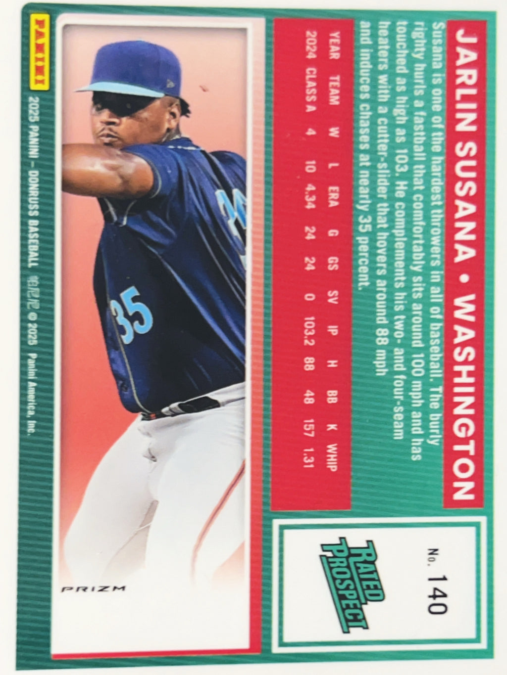 2025 Panini Donruss Optic Prizm Jarlin Susana #140 Blue Velocity Rated Prospect