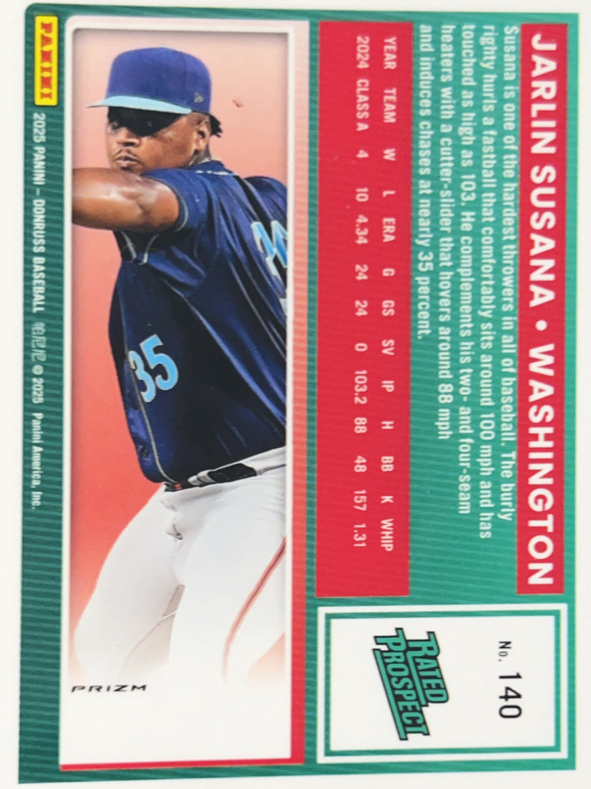 2025 Panini Donruss Optic Prizm Jarlin Susana #140 Blue Velocity Rated Prospect
