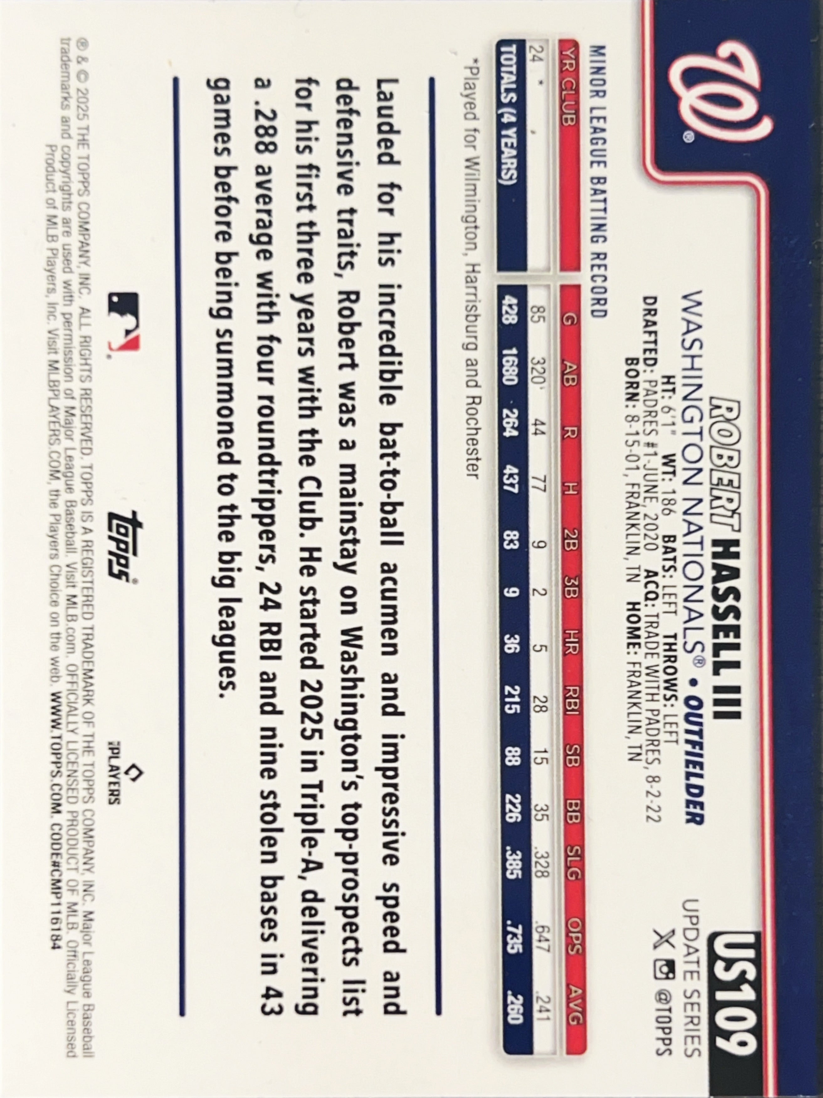 2023 Topps Update Series Robert Hassell III #US109 Purple Foilboard RC