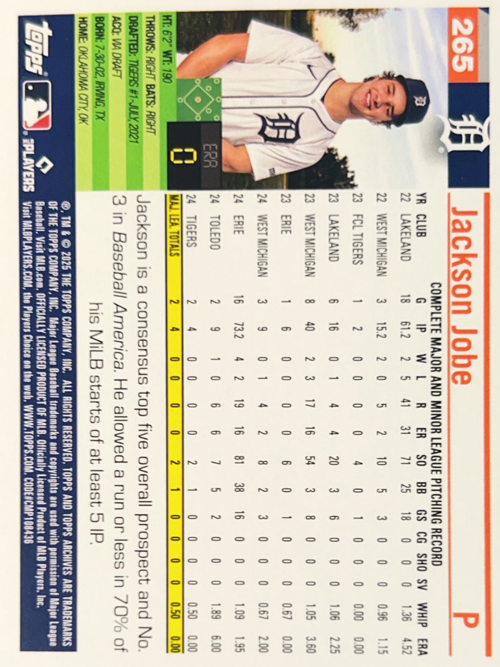 2025 Topps Jackson Jobe #265 Rainbow Foil RC