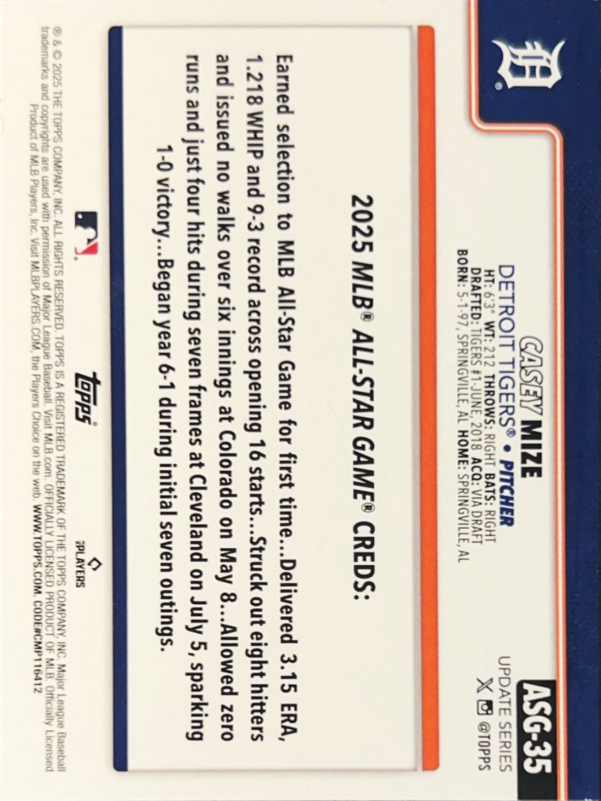 2025 Topps Update Series Casey Mize #ASG-35 Rainbow Foil